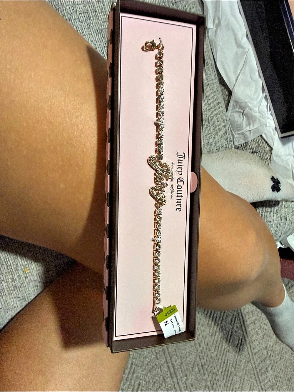 NWT Juicy Couture Crystal Tennis Bracelet with Signature Script Logo Gold